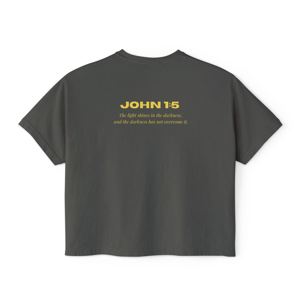 Women's Boxy Tee — Gold Lotus Christian Graphic Tee (John 1:5)