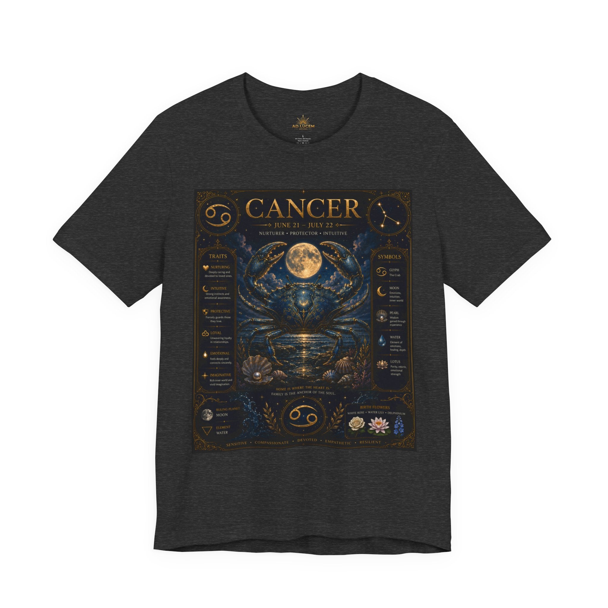 Cancer Zodiac T‑Shirt — Detailed Horoscope Crab Design with Traits & Moon Phases