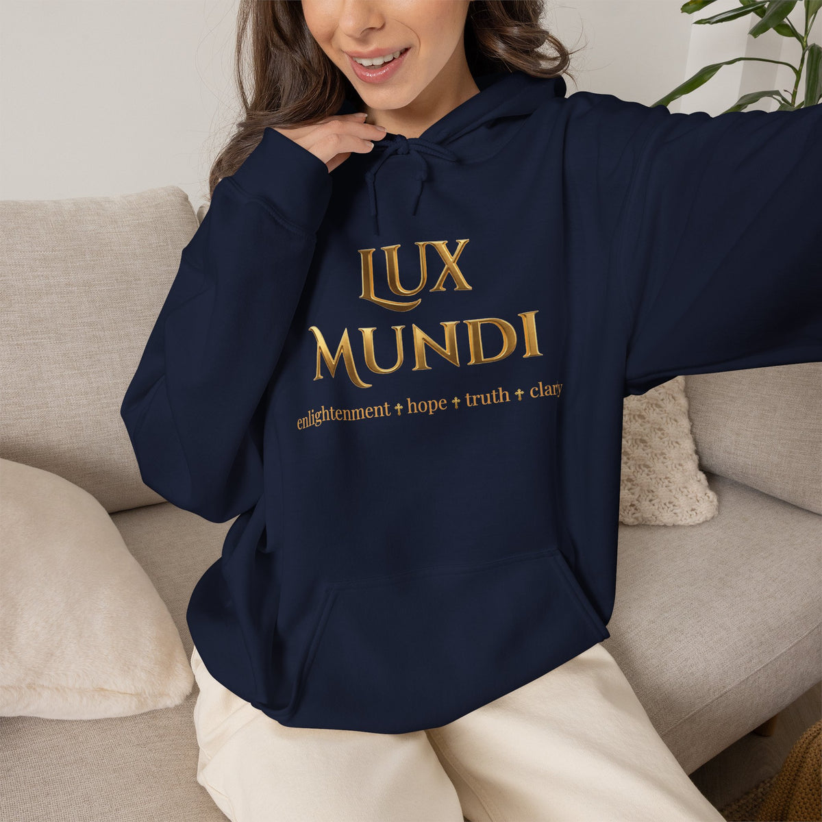 Lux Mundi Hoodie — Gold Latin Motto 'enlightenment_hope_truth_charity'