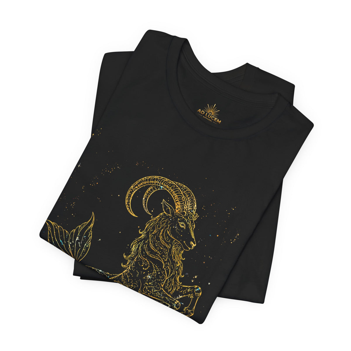 Capricorn Zodiac Tee — Gold Mythic Sea-Goat Astrology Shirt