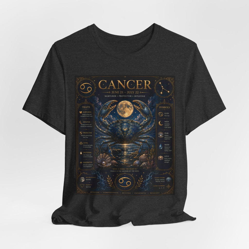 Cancer Zodiac T‑Shirt — Detailed Horoscope Crab Design with Traits & Moon Phases