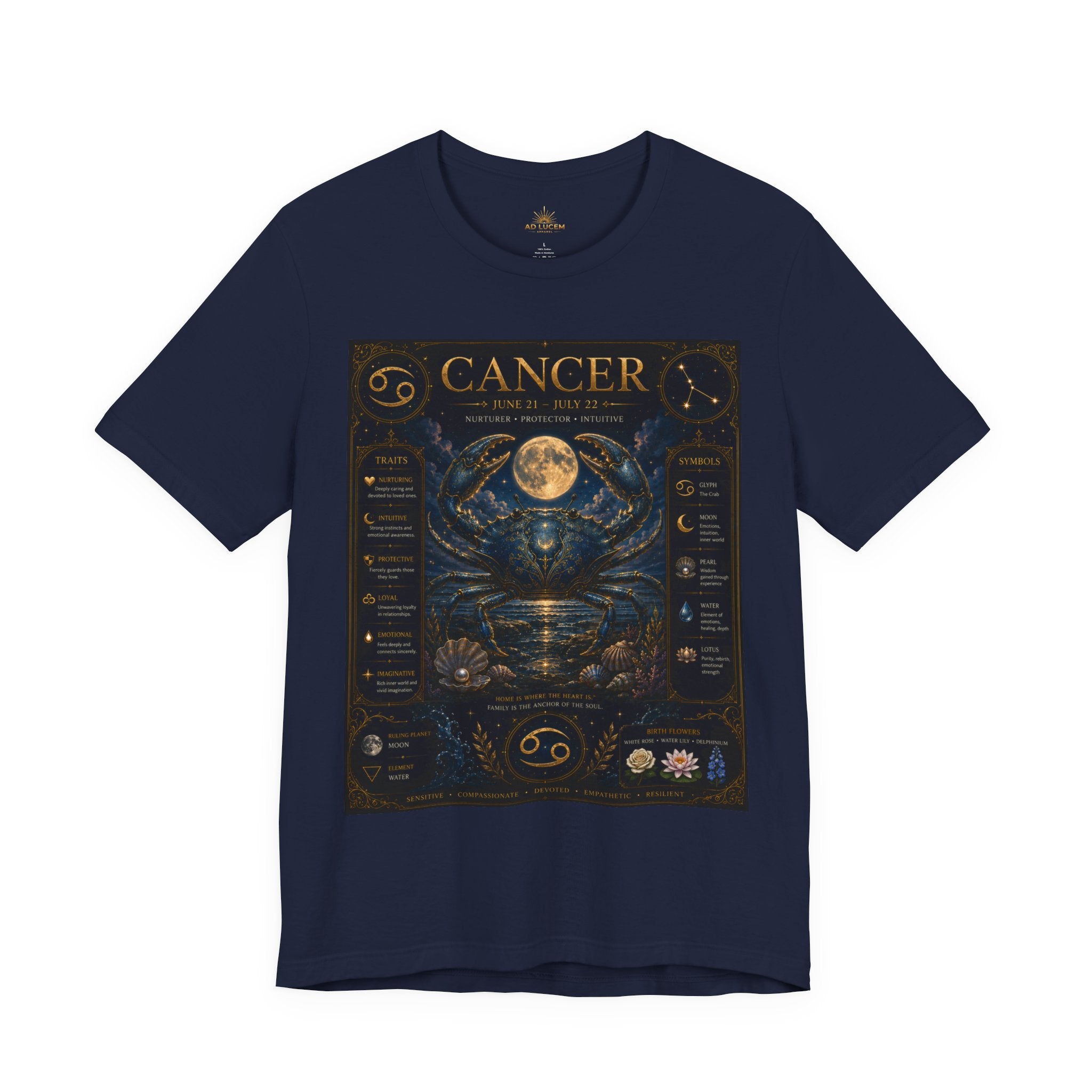 Cancer Zodiac T‑Shirt — Detailed Horoscope Crab Design with Traits & Moon Phases