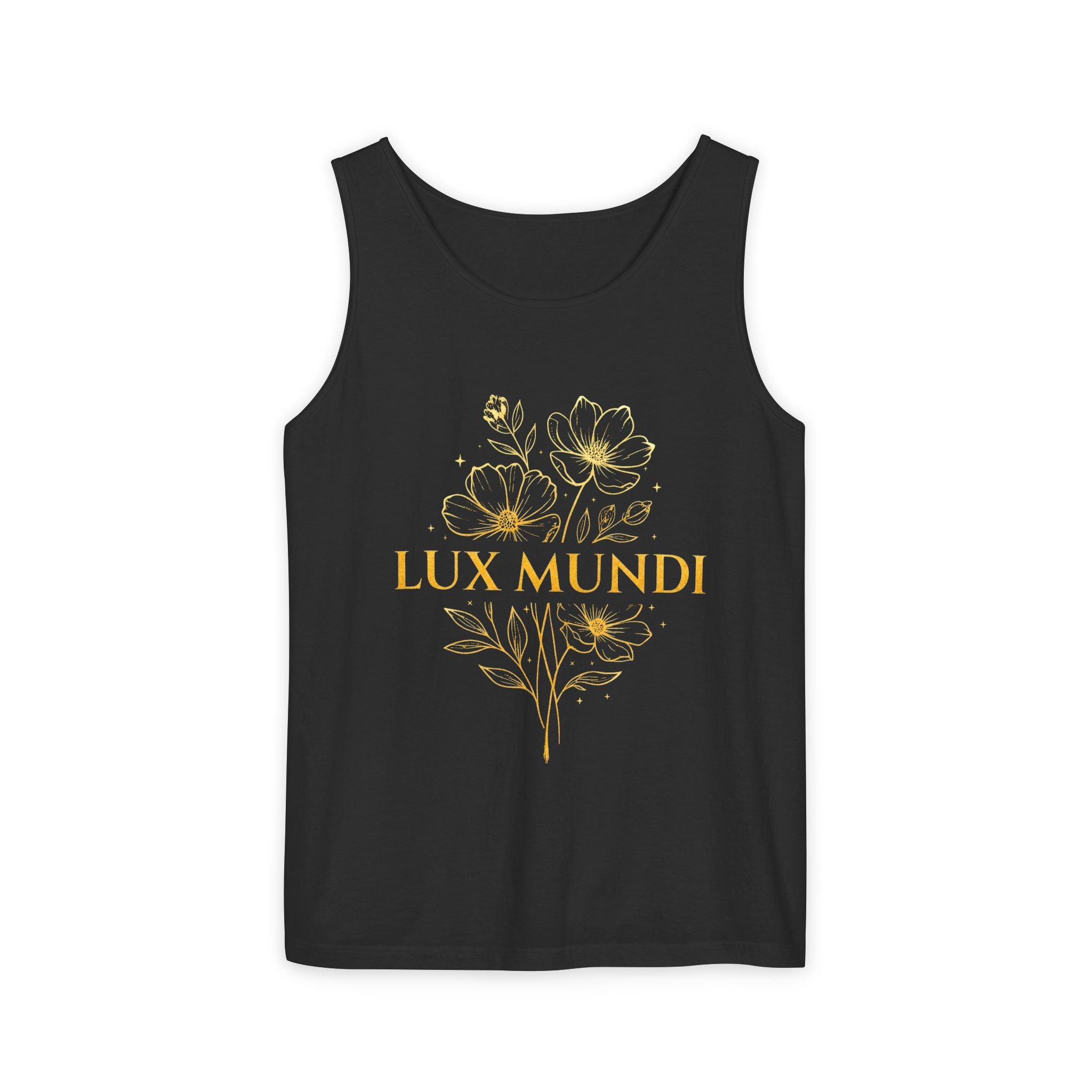 Lux Mundi Floral Tank Top — Gold Botanical Graphic