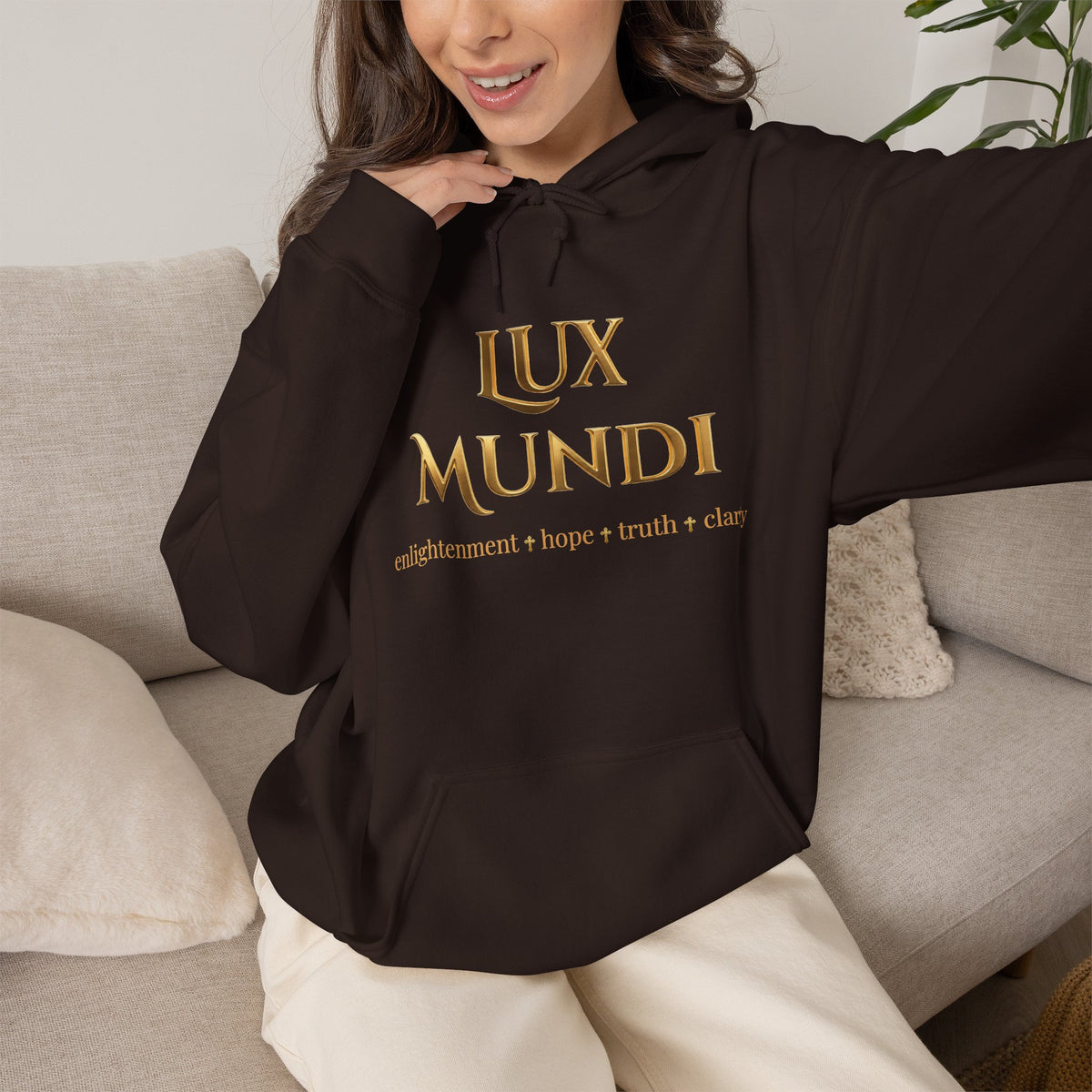 Lux Mundi Hoodie — Gold Latin Motto 'enlightenment_hope_truth_charity'