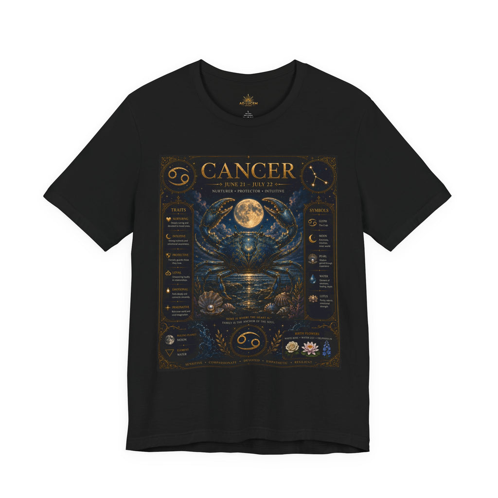 Cancer Zodiac T‑Shirt — Detailed Horoscope Crab Design with Traits & Moon Phases