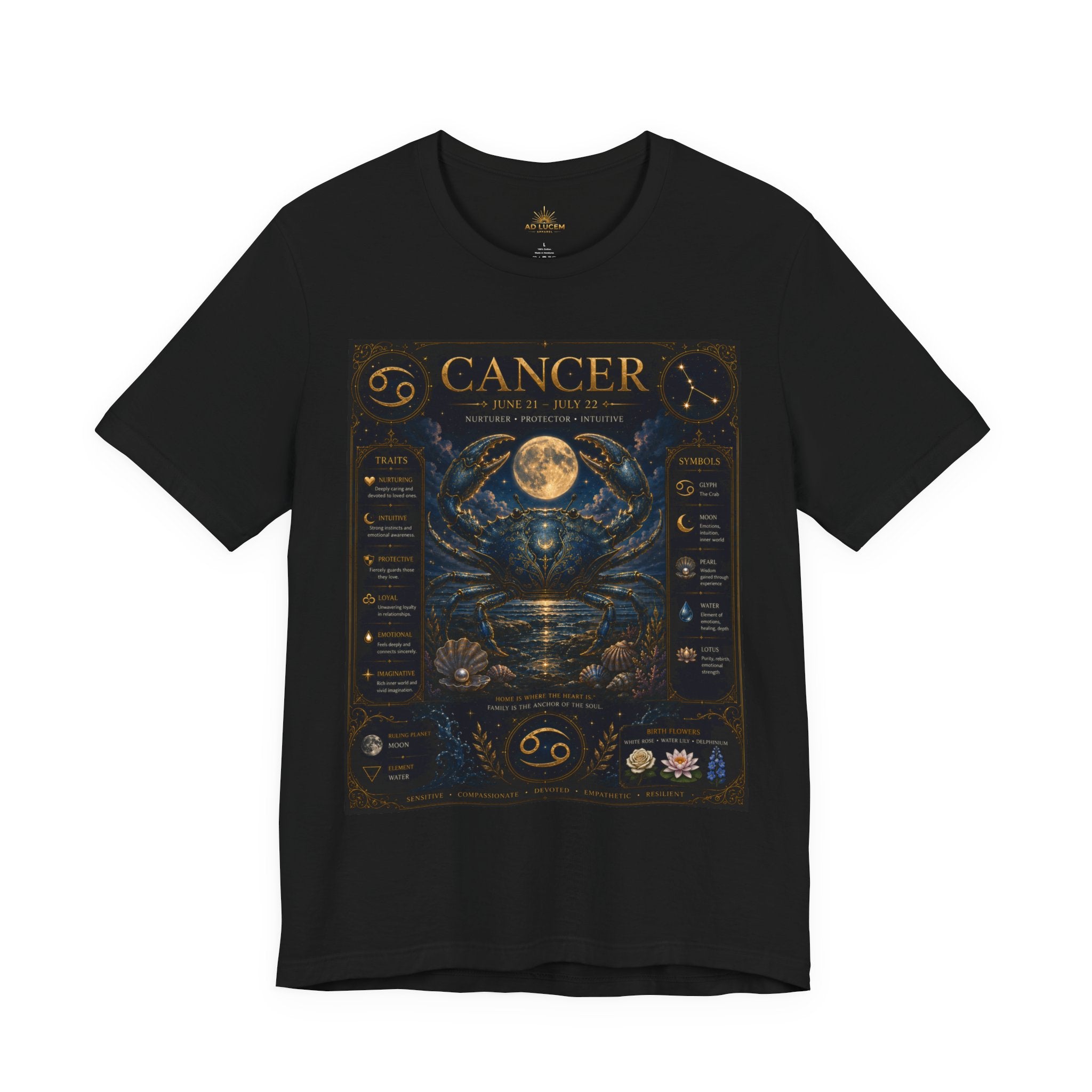 Cancer Zodiac T‑Shirt — Detailed Horoscope Crab Design with Traits & Moon Phases