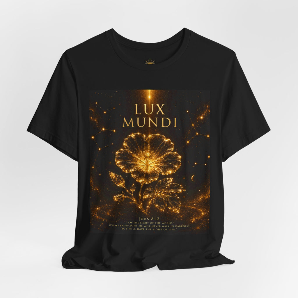 Lux Mundi Golden Floral Tee — Radiant Latin Motto Graphic Shirt