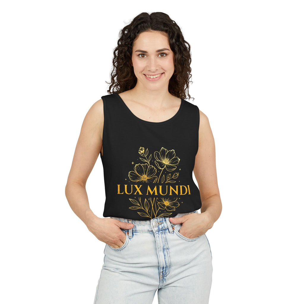 Lux Mundi Floral Tank Top — Gold Botanical Graphic