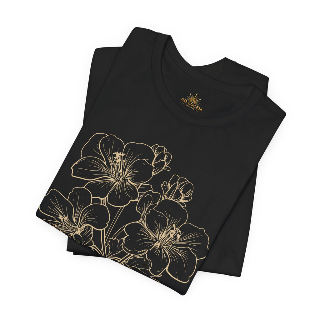 Lux Mundi Floral Tee — Elegant Gold Botanical Shirt