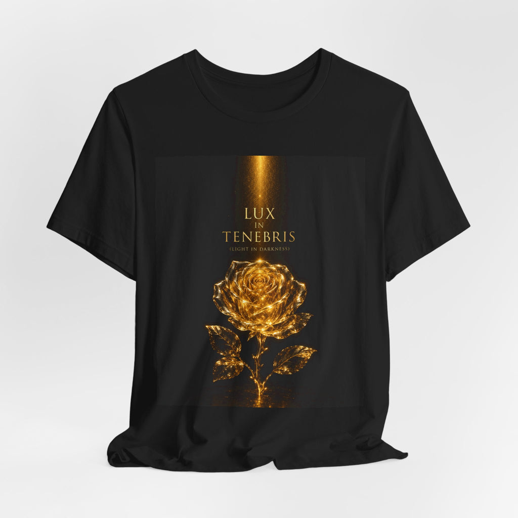 Lux in Tenebris Rose T‑Shirt — Golden Rose Meditation Tee