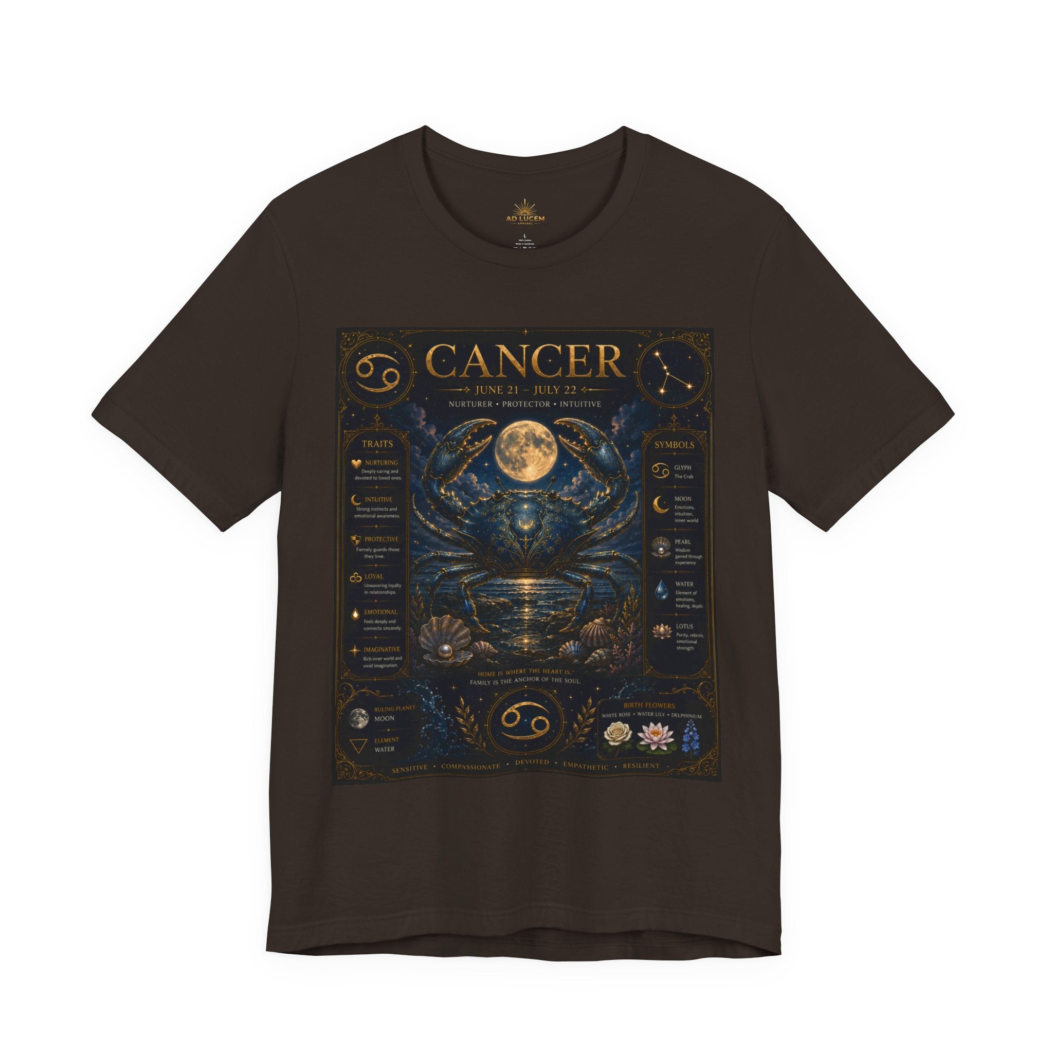 Cancer Zodiac T‑Shirt — Detailed Horoscope Crab Design with Traits & Moon Phases