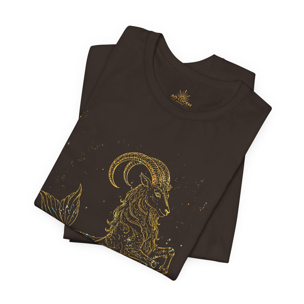 Capricorn Zodiac Tee — Gold Mythic Sea-Goat Astrology Shirt