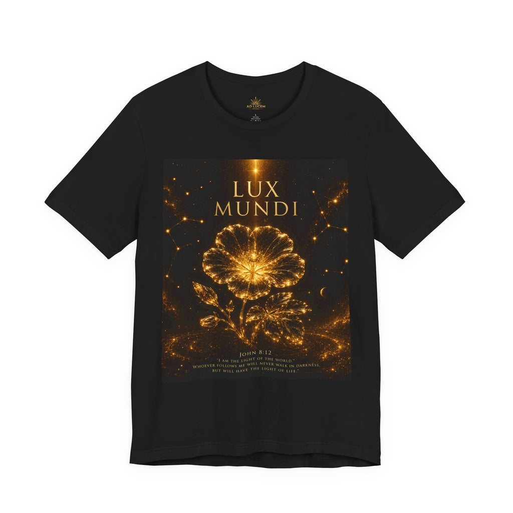 Lux Mundi Golden Floral Tee — Radiant Latin Motto Graphic Shirt