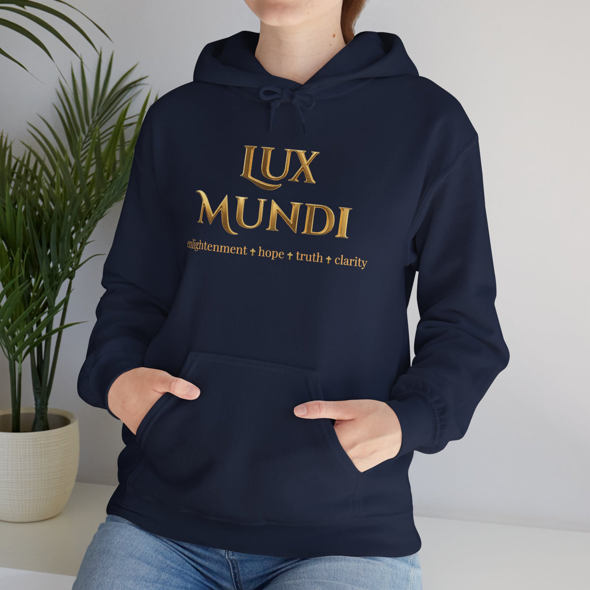 Lux Mundi Hoodie — Gold Latin Motto 'enlightenment_hope_truth_charity'