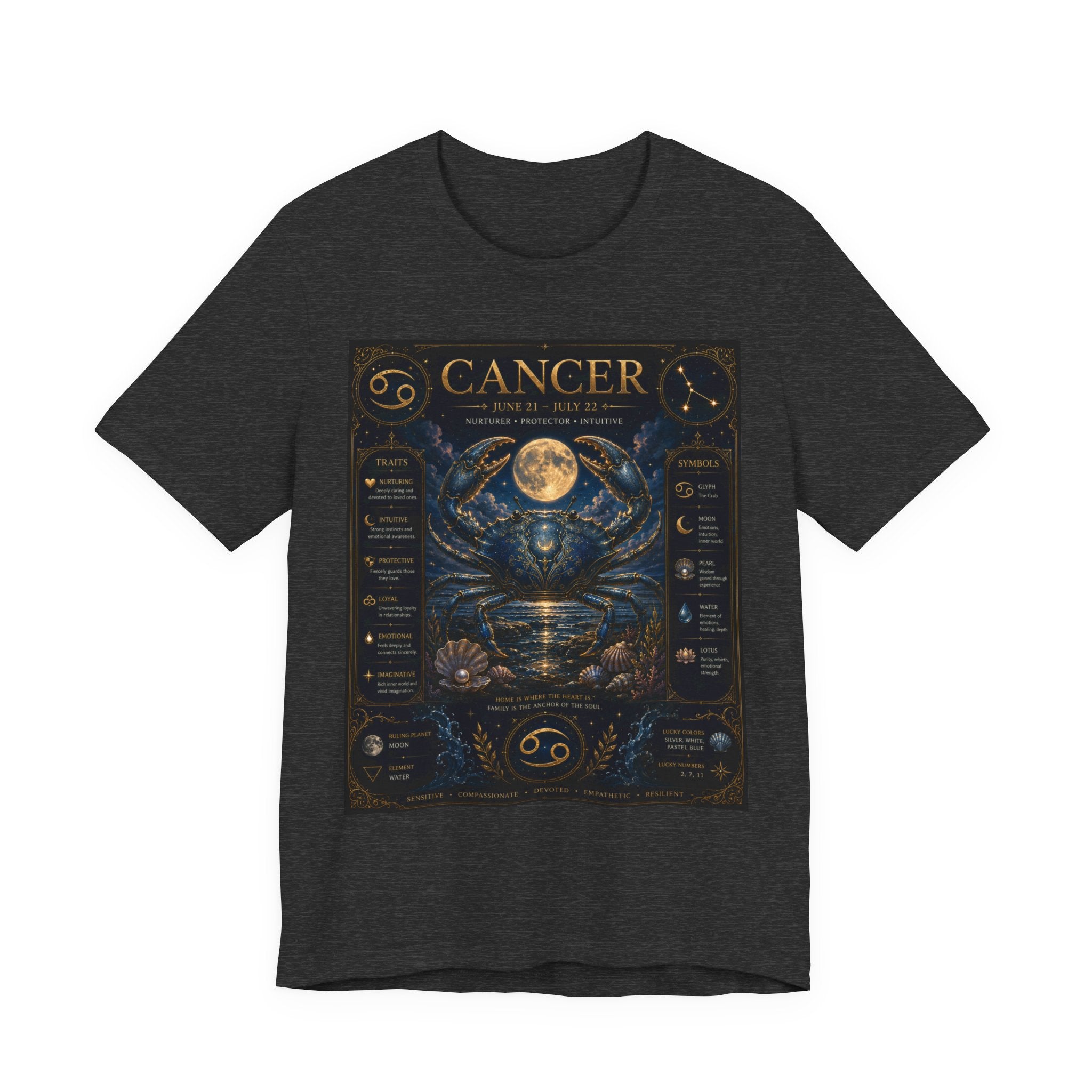 Cancer Zodiac T‑Shirt — Detailed Horoscope Crab Design with Traits & Moon Phases